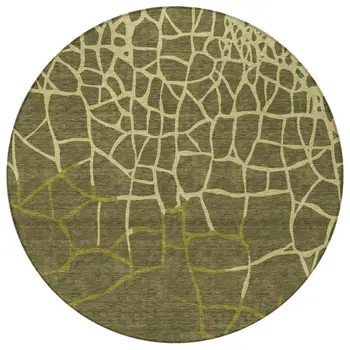 8' Olive Green And Dark Green Round Abstract Washable Indoor Outdoor Area Rug