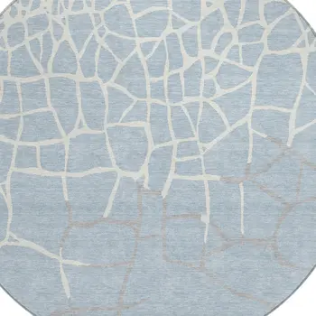 8' Sky Blue And Ivory Round Abstract Washable Indoor Outdoor Area Rug