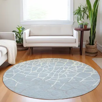 8' Sky Blue And Ivory Round Abstract Washable Indoor Outdoor Area Rug