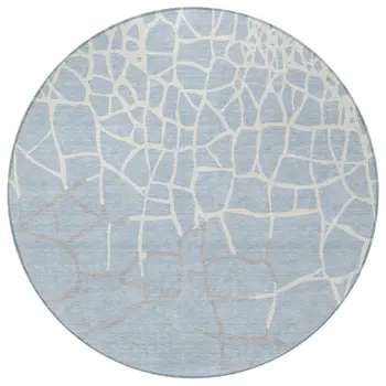 8' Sky Blue And Ivory Round Abstract Washable Indoor Outdoor Area Rug