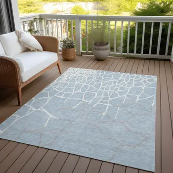 10' X 14' Sky Blue And Ivory Abstract Washable Indoor Outdoor Area Rug