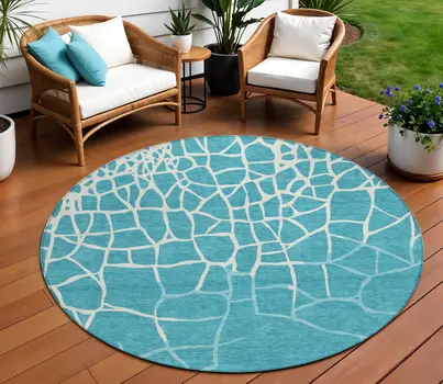 8' Teal Blue And Ivory Round Abstract Washable Indoor Outdoor Area Rug