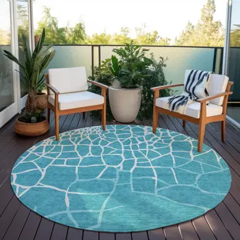 8' Teal Blue And Ivory Round Abstract Washable Indoor Outdoor Area Rug