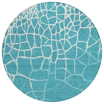 8' Teal Blue And Ivory Round Abstract Washable Indoor Outdoor Area Rug