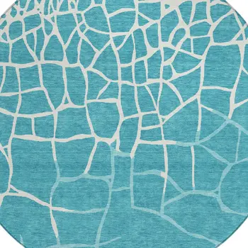 8' Teal Blue And Ivory Round Abstract Washable Indoor Outdoor Area Rug