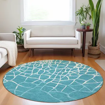 8' Teal Blue And Ivory Round Abstract Washable Indoor Outdoor Area Rug