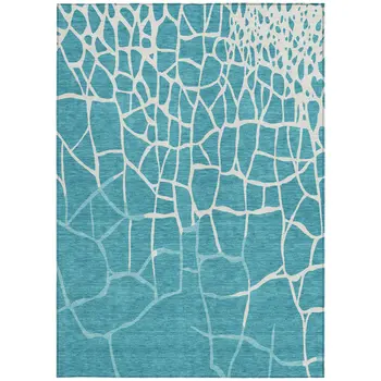 9' X 12' Teal Blue And Ivory Abstract Washable Indoor Outdoor Area Rug