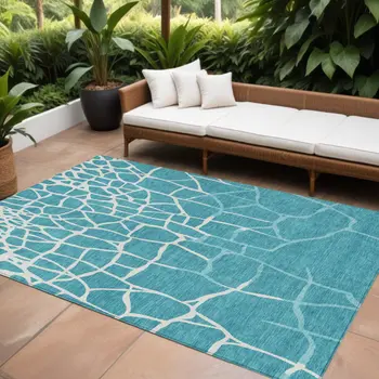 9' X 12' Teal Blue And Ivory Abstract Washable Indoor Outdoor Area Rug