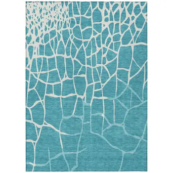 9' X 12' Teal Blue And Ivory Abstract Washable Indoor Outdoor Area Rug