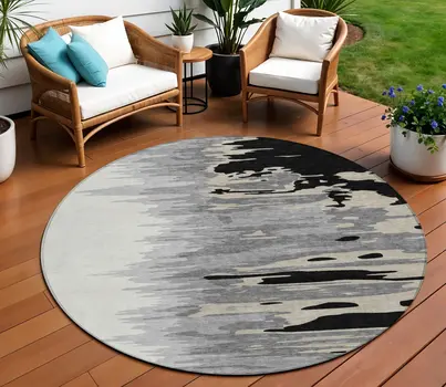 8' Black Gray And Ivory Round Abstract Washable Indoor Outdoor Area Rug