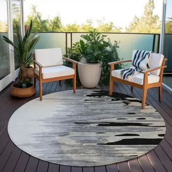 8' Black Gray And Ivory Round Abstract Washable Indoor Outdoor Area Rug
