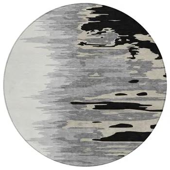 8' Black Gray And Ivory Round Abstract Washable Indoor Outdoor Area Rug