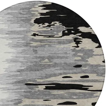 8' Black Gray And Ivory Round Abstract Washable Indoor Outdoor Area Rug