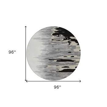 8' Black Gray And Ivory Round Abstract Washable Indoor Outdoor Area Rug