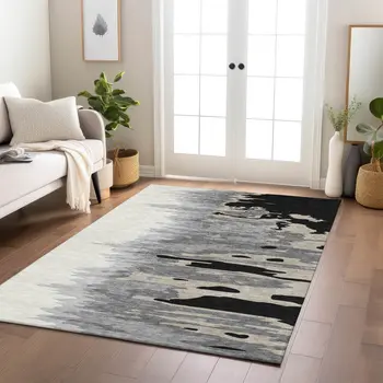 8' X 10' Black Gray And Ivory Abstract Washable Indoor Outdoor Area Rug