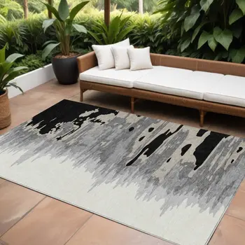 9' X 12' Black Gray And Ivory Abstract Washable Indoor Outdoor Area Rug