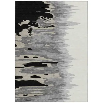 10' X 14' Black Gray And Ivory Abstract Washable Indoor Outdoor Area Rug