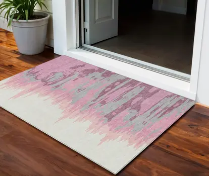 3' X 5' Blush Beige And Gray Abstract Washable Indoor Outdoor Area Rug