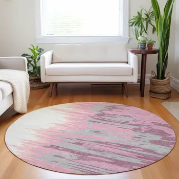 8' Blush Beige And Gray Round Abstract Washable Indoor Outdoor Area Rug