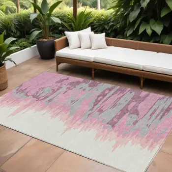 8' X 10' Blush Beige And Gray Abstract Washable Indoor Outdoor Area Rug