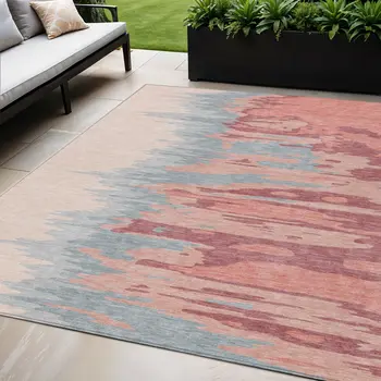 5' X 8' Coral Pink And Gray Abstract Washable Indoor Outdoor Area Rug