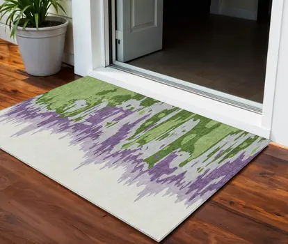 3' X 5' Green Purple And Ivory Abstract Washable Indoor Outdoor Area Rug