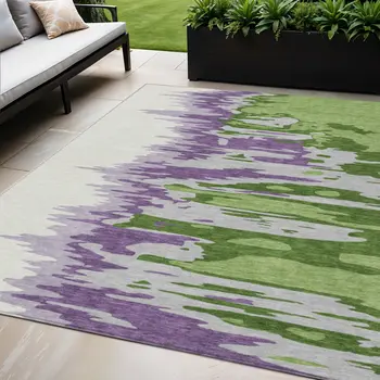 5' X 8' Green Purple And Ivory Abstract Washable Indoor Outdoor Area Rug