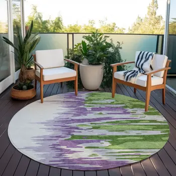 8' Green Purple And Ivory Round Abstract Washable Indoor Outdoor Area Rug