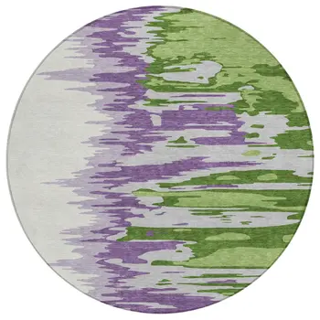 8' Green Purple And Ivory Round Abstract Washable Indoor Outdoor Area Rug