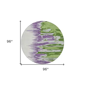 8' Green Purple And Ivory Round Abstract Washable Indoor Outdoor Area Rug