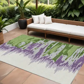 8' X 10' Green Purple And Ivory Abstract Washable Indoor Outdoor Area Rug