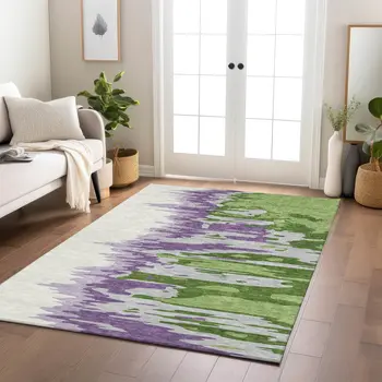 10' X 14' Green Purple And Ivory Abstract Washable Indoor Outdoor Area Rug
