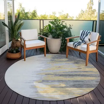 8' Gray Charcoal And Tan Round Abstract Washable Indoor Outdoor Area Rug