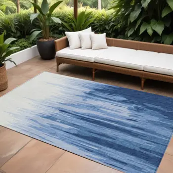 8' X 10' Navy Blue And Ivory Abstract Washable Indoor Outdoor Area Rug