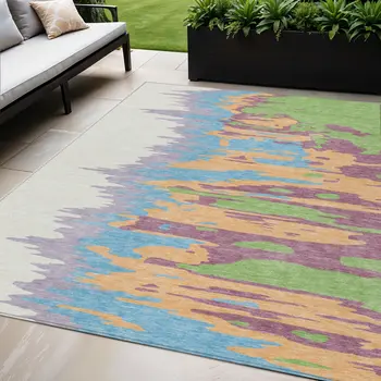 5' X 8' Peach Purple And Green Abstract Washable Indoor Outdoor Area Rug