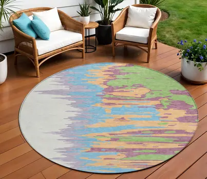 8' Peach Purple And Green Round Abstract Washable Indoor Outdoor Area Rug