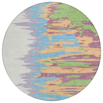 8' Peach Purple And Green Round Abstract Washable Indoor Outdoor Area Rug