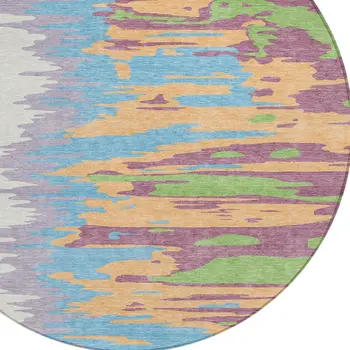 8' Peach Purple And Green Round Abstract Washable Indoor Outdoor Area Rug