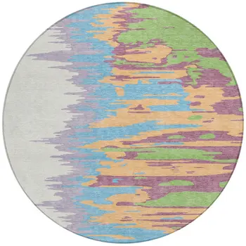 8' Peach Purple And Green Round Abstract Washable Indoor Outdoor Area Rug