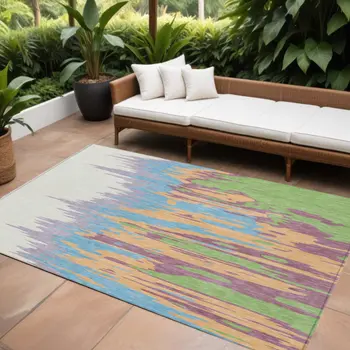 8' X 10' Peach Purple And Green Abstract Washable Indoor Outdoor Area Rug