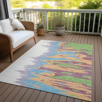 10' X 14' Peach Purple And Green Abstract Washable Indoor Outdoor Area Rug