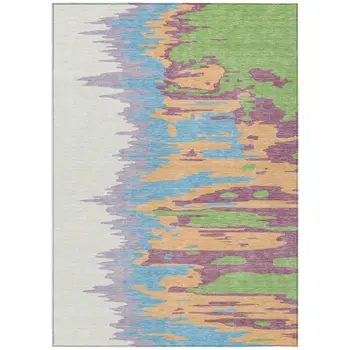 10' X 14' Peach Purple And Green Abstract Washable Indoor Outdoor Area Rug