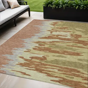 5' X 8' Rust Gray And Green Abstract Washable Indoor Outdoor Area Rug