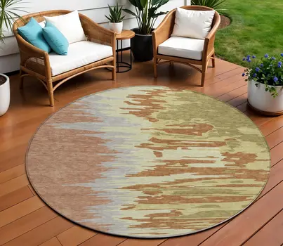 8' Rust Gray And Green Round Abstract Washable Indoor Outdoor Area Rug