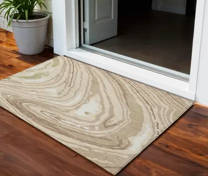 3' X 5' Beige Green And Brown Abstract Washable Indoor Outdoor Area Rug