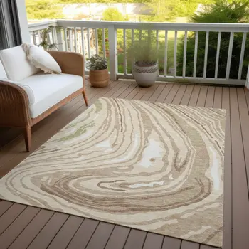 3' X 5' Beige Green And Brown Abstract Washable Indoor Outdoor Area Rug