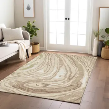 3' X 5' Beige Green And Brown Abstract Washable Indoor Outdoor Area Rug