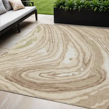 5' X 8' Beige Green And Brown Abstract Washable Indoor Outdoor Area Rug