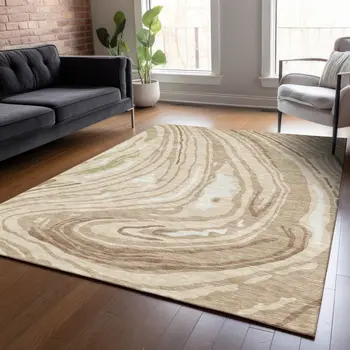 5' X 8' Beige Green And Brown Abstract Washable Indoor Outdoor Area Rug