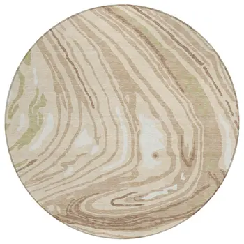 8' Beige Green And Brown Round Abstract Washable Indoor Outdoor Area Rug